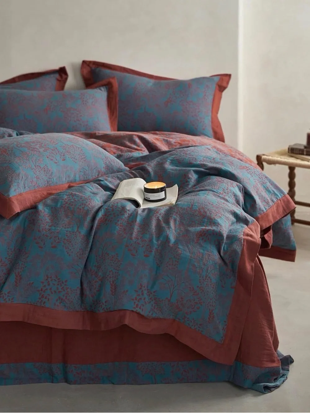 Mixinni Muslin Cotton Vintage Blue Floral Duvet Dyed Burgundy Jacquard - Queen